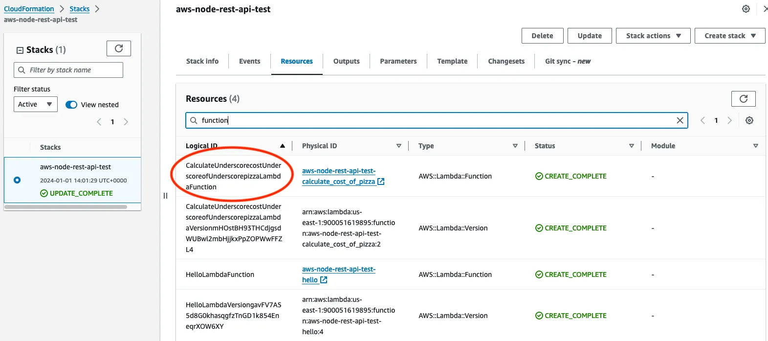 The AWS dashboard open on a Cloudformation stack, viewing the resources tab where a long logical ID has been highlighted