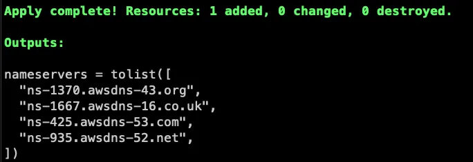 Terminal showing a set of AWS nameservers as the output of a Terraform apply